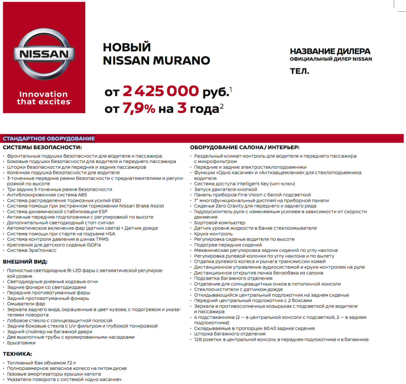 Оригинальный прайс-лист нового Nissan Murano Z52